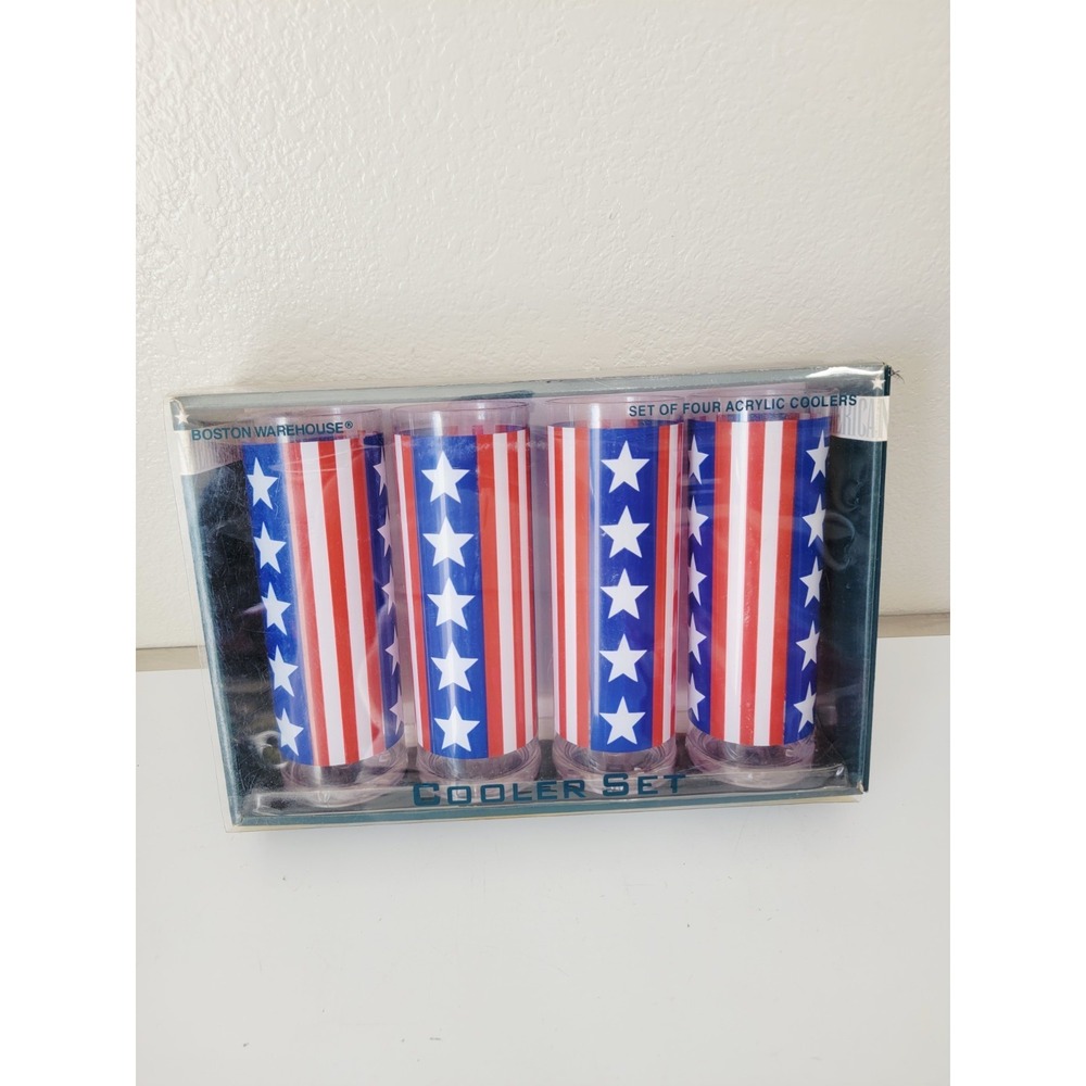 Vintage 2003 Boston Warehouse Set of 4Acrylic Tumblers Stars & Stripes Patriotic